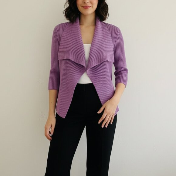 Eileen Fisher Ribbed Wool Cardigan Sweater Petite Medium PM Purple - Picture 1 of 6